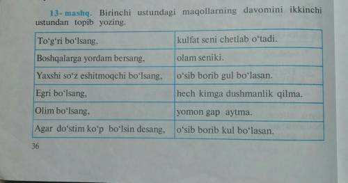 13- mashq. Birinchi ustundagi maqollarning davomini ikkinchiustundan topib yozing.​