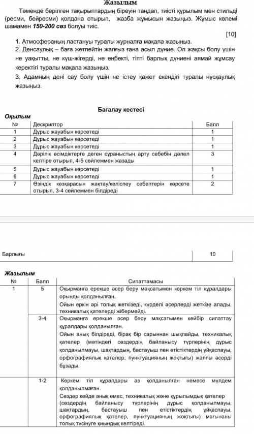 Жазылым Төменде берілген тақырыптардың біреуін таңдап, тиісті құрылым мен стильді (ресми, бейресми)