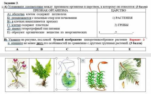 Задание 3. А) Установите соответствие между признаком организма и царством, к которому он относится: