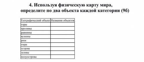 ​4. Используя физическую карту мира, определите по два объекта каждой категории (9б)