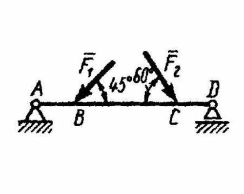 Определить реакцию опоры D если силы F1 = 84,6 Н, F2 = 208 Н, размеры АВ = 1 м, BC=3 м, CD = 2 м.