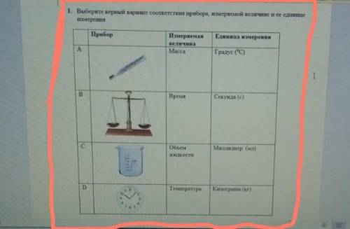 1. Выберите верный вариант соответствия прибора измеряемой величине и ее едини измерения.ПриборЕдини