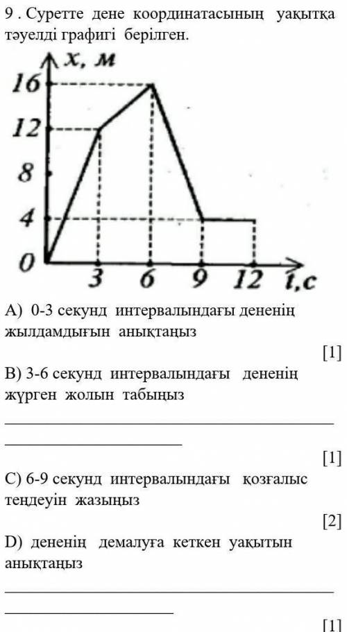 Суретте дене координатасының уақытқа тәуелді графигі берілген. А) 0-3 секунд интервалындағы дененің