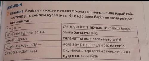 2-та -тапсырма. Берілген сөздер мен сөз тіркестерін мағынасына қарай сәй- кестендіріп, сөйлем құрап