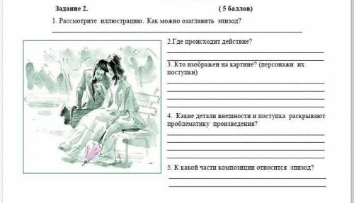 1. Рассмотрите иллюстрацию. Как можно озаглавить эпизод? 2. Где происходит действие? 3. Кто изображе