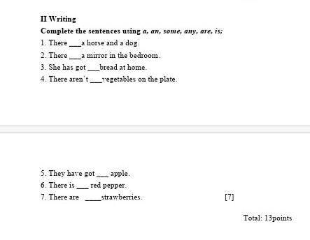 Complete the sentences using a, an, some, any, are, is; 1. There ___a horse and a dog.2. There ___a