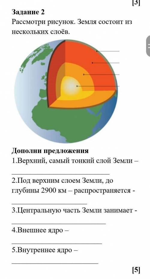 Расмотри рисунок.земля состоит из нескольких слоев. дополни предложения 1.верхний самый тонкий слой