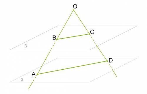 Дано кут AOD і дві паралельні площини α і β. Площина α перетинає сторони кута OA і OD відповідно в т