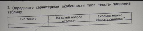 5. Определите характерные ссобенности типа текста, заполнив таблицуТип текстаНа какой вопросотвечает