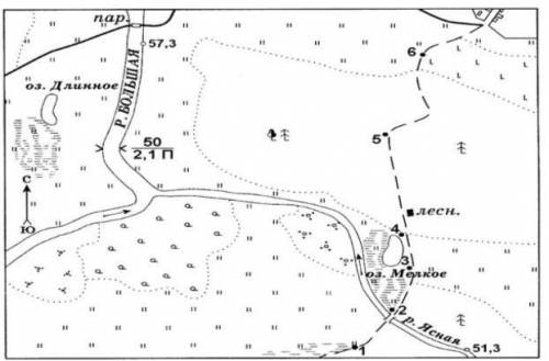 Определите направление: Вы двигаетесь от: 1. домика лесника до парома на реке [1] 2. озера Длинное