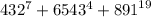 432 {}^{7} + 6543 {}^{4} + {891}^{19}