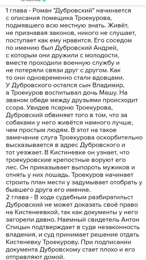 Можно краткий пересказ каждой главы, и отдельно всех героев дубровский нужно