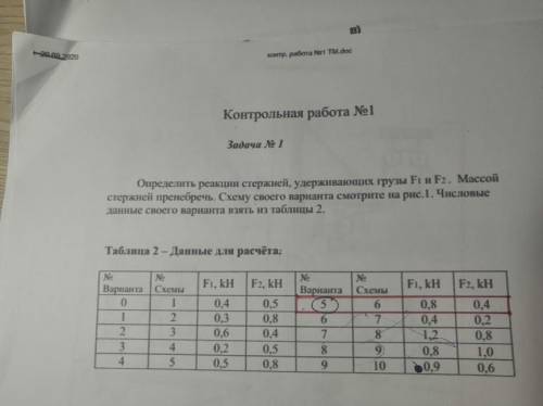 Определить реакцию стержней, удерживающие грузы F1 и F2. Массой стержней пренебречь.