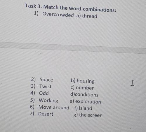 Task 3. Match the word-combinations: 1) Overcrowded a) threadI2) Space b) housing3) Twist c) number4