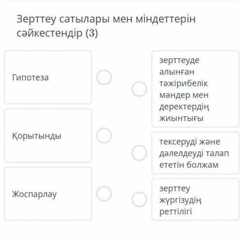 Зерттеу сатыларын мен міндеттерін сәйкестендір гипотеза қорытынды жоспарлар