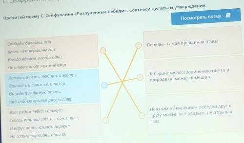 Прочитай поэму С. Сейфуллина «Разлученные лебеди». Соотнеси цитаты и утверждения. Посмотреть поэмуСв