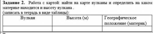 Работа с картой: найти на карте вулканы и определить на каком материке находится и высоту вулкана .