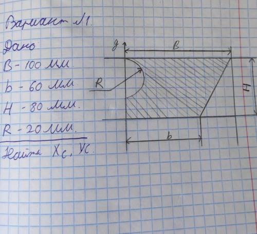 Помагите решить определить координаты центра тяжести плоской сложной фигурыДано:В-100ммb-60mmH-80mmR