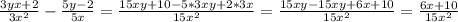 \frac{3yx+2}{3x^2}-\frac{5y-2}{5x}=\frac{15xy+10-5*3xy+2*3x}{15x^2} =\frac{15xy-15xy+6x+10}{15x^2}=\frac{6x+10}{15x^2}