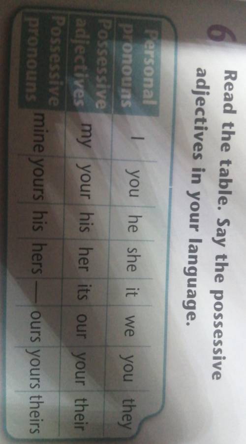 6 Read the table. Say the possessiveadjectives in your language.Personal1 you he she it we you theyp