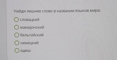 Найди лишнее слово в названии языков мира: СловацкиймакедонскийбельгийскийнемецкийИдиш​