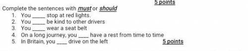 Complete the sentences with must or should You stop at red lights.You be kind to other driversYou