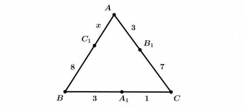 На сторонах треугольника ABC выбраны точки A1, B1, C1, как показано на рисунке. Чему равен x, если и
