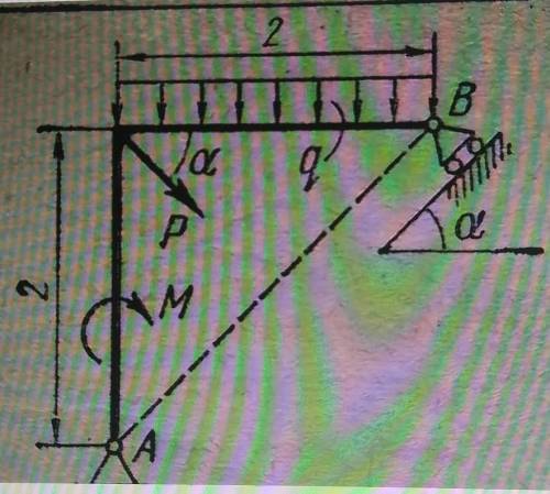 Визначити реакції опор. Р=6kH; M=5 kHm; q=1kH/m; кут = 45 град.​.