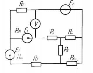 E1-8 В, Е2-6 В, Е3-36 В, R01-1,3 Ом, R02-? Ом, R03-1.2 Ом, R1-3 Ом, R2-2 Ом, R3-1 Ом, R4-6 Ом, R5-8