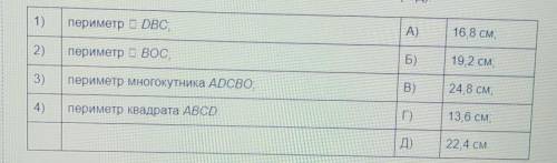 Діагоналі AC i BD квадрата ABCD перетинаються в точці О. АС = 8 см, ВС = 5,6 см. Встановіть відповід