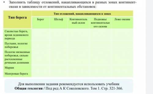 • Заполнить таблицу отложений, накапливающихся в разных зонах континент- океан в зависимости от конт