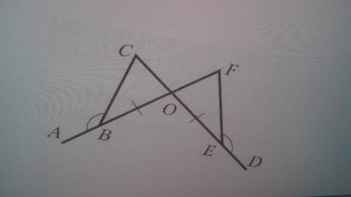 Дано:ВО=ОЕ, <АВС= Доказать:∆ BCO=∆ EFO Доказательство:Рассмотрим ∆ BCO и ∆ EFO ВО=ОЕ () ∠ВОС=∠ЕОF