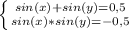 \left \{ {{sin(x)+sin(y)=0,5} \atop {sin(x)*sin(y)=-0,5}} \right.