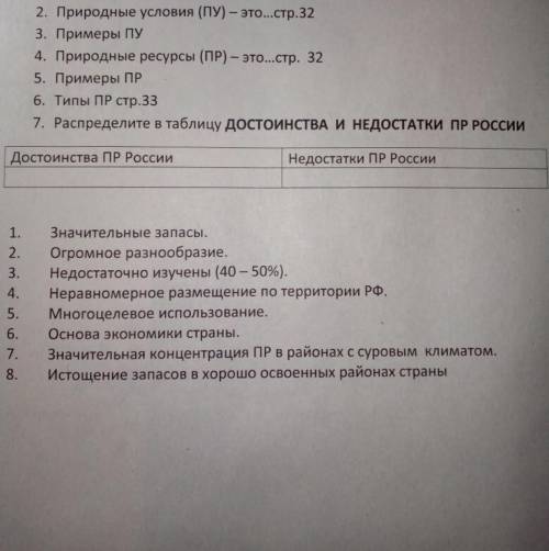 РАСПРЕДЕЛИТЕ В ТАБЛИЦУ ДОСТОИНСТВА И НЕДОСТАТКИ ПРИРОДНЫХ РЕСУРСОВ РОССИИ