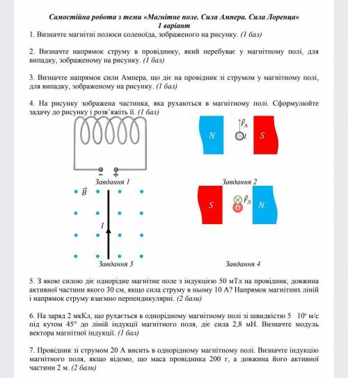 Самостійна з фізики на теми: Сила Лоренца, Магнітне поле, Сила Ампера