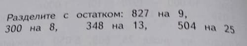 Разделите с остатком: 827 на 9, 300 на 8, 348 на 13, 504 на 25​