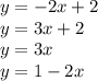 y = - 2x + 2 \\ y = 3x + 2 \\ y = 3x \\ y = 1 - 2x