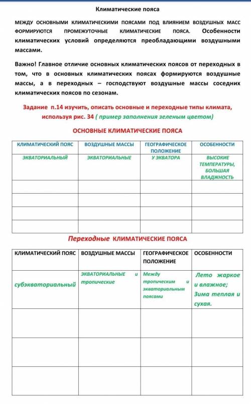 Основные климатические пояса и переходные : пояс , воздушные массы , географическое положение , особ