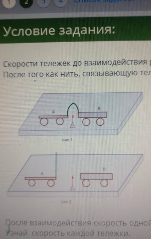 Скорости тележек до взаимодействия равны нулю (рис. 1). После того как нить, связывающую тележки, пе