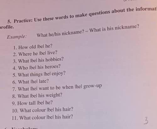 5. Practice: Use these words to make questions about the information in Mike's profile.Example:What