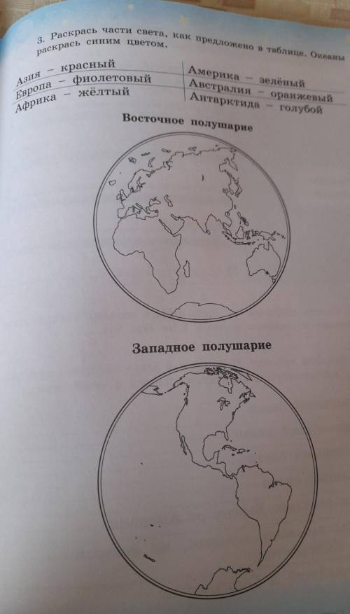 3. Раскрась части света, как предложено в таблице. Океаны раскрась синим цветом.АзияЕвропаАфрикакрас