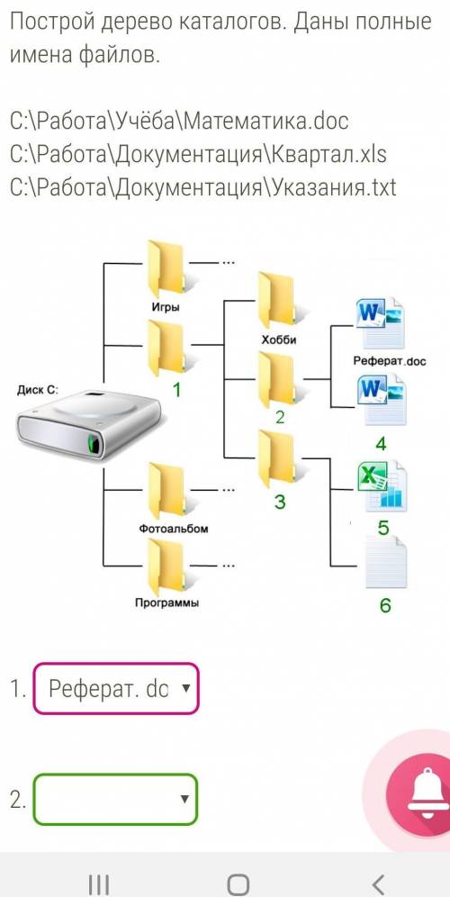 Построй дерево каталогов. Даны полные имена файлов. C:\Работа\Учёба\Математика.docC:\Работа\Документ