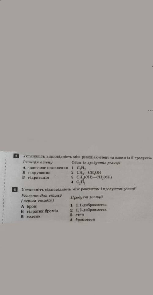 1.Установити відповідність між етеном та одним з її продуктів 2.установити відповідність між реагент