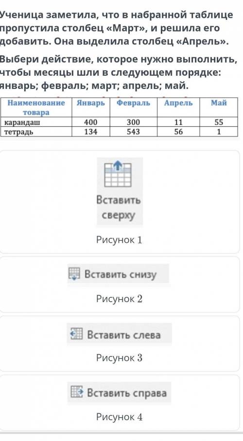 Ученица заметила, что в набранной таблице пропустила столбец «Март», и решила его добавить. Она выде