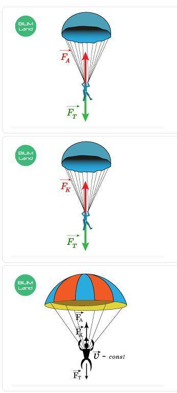 Парашютист спускается равномерно и прямолинейно. Выбери рисунок, где правильно изображена равнодейст