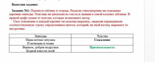 Задание №1: Перенеси таблицу в тетрадь. Раздели стихотворение на отдельные картины-эпизоды. Озаглавь