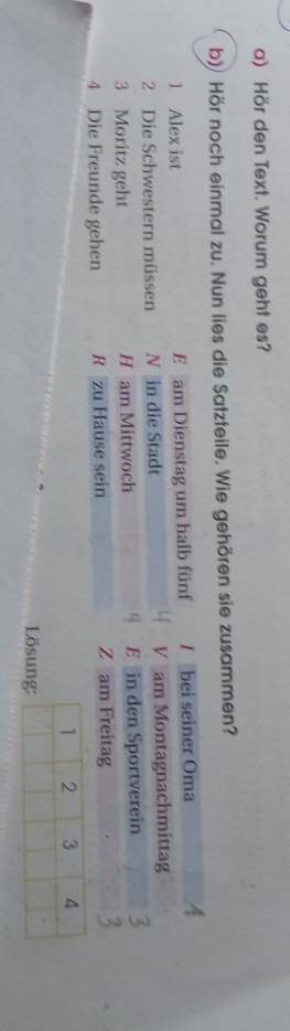 2 Was tun? a) Hör den Text. Worum geht es?b) Hör noch einmal zu. Nun lies die Satzteile. Wie gehören