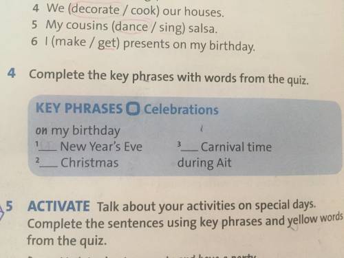 4.Complete the key phrases with words from the quiz. 1__new year's eve2__christmas 3__carnival time