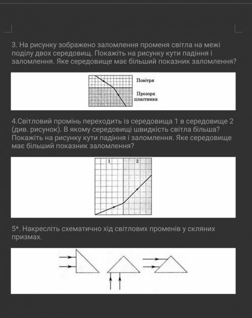 3.На рисунку зображено заломлення променя світла на межі поділу двох середовищ. Покажіть на рисунку