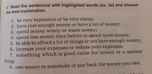 Нужно соотнести слова с их значением(на фото) Слова: into debt,bargains,short of money,tighten your